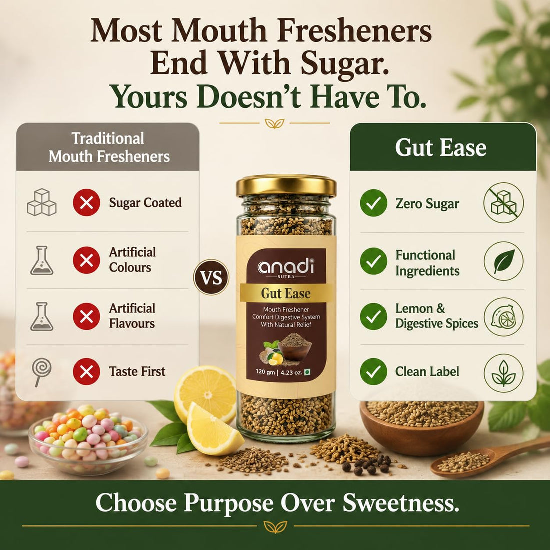 anadi Gut Ease zero sugar mouth freshener jar with sliced lemon and pepper granules