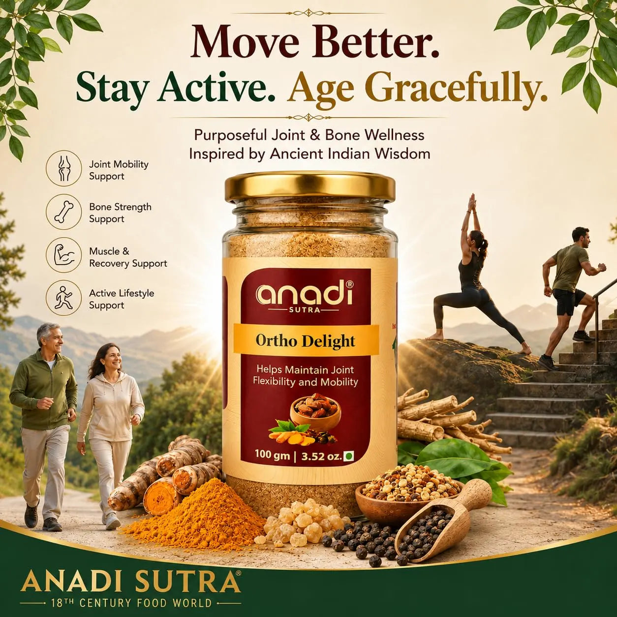 Ortho Delight supplement jar with gold lid in front of herbal ingredients.