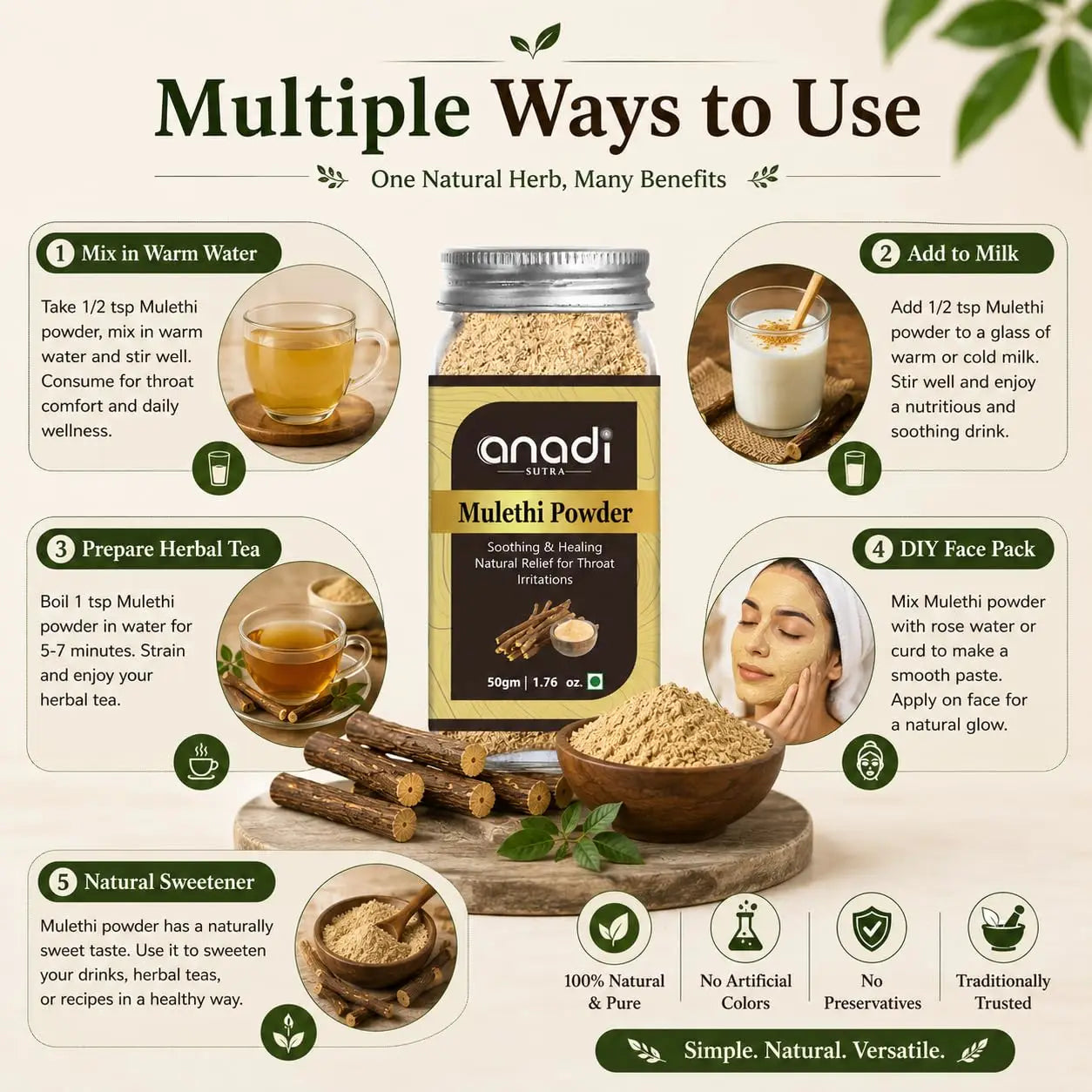 Mulethi powder jar surrounded by herbal root sticks and beige powder, 50 g