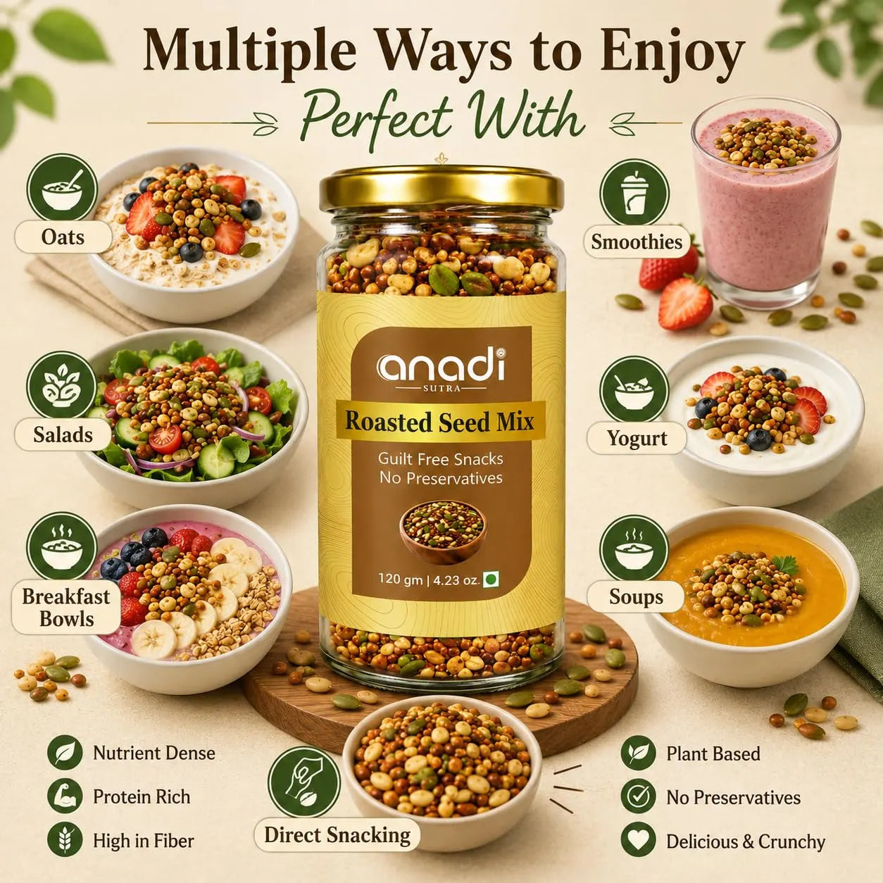 Seed mix jar with gold lid, shown with bowls of oats, salads, breakfast bowls, soups