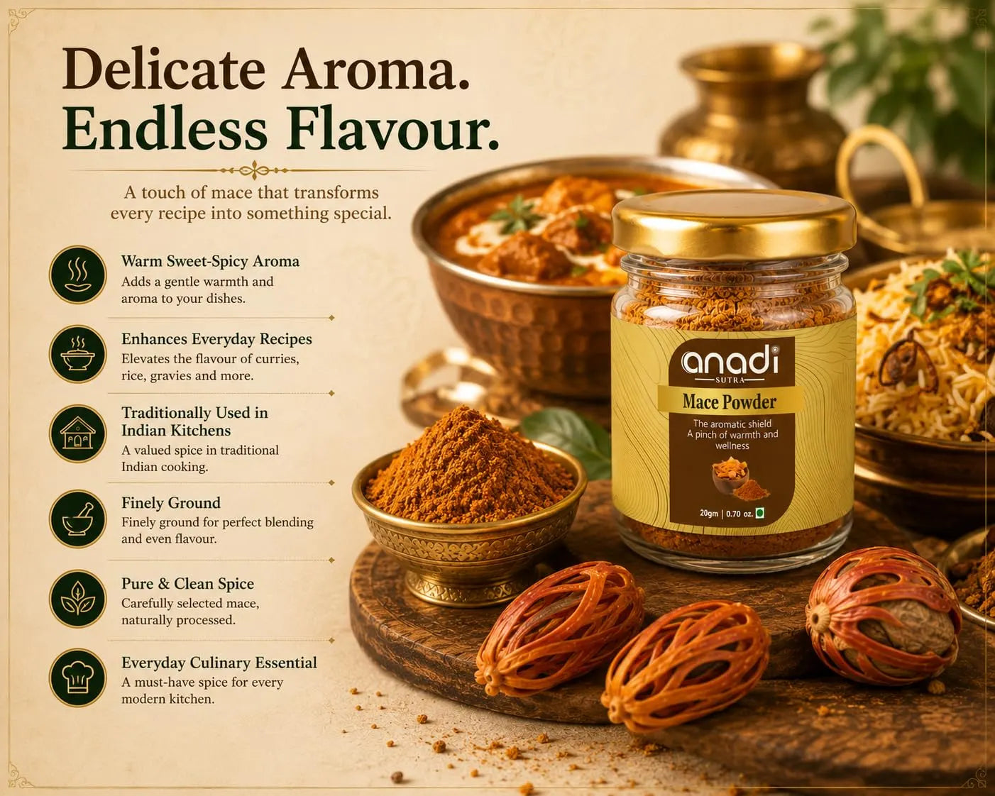 Mace powder jar with gold lid and scattered mace pods and spice