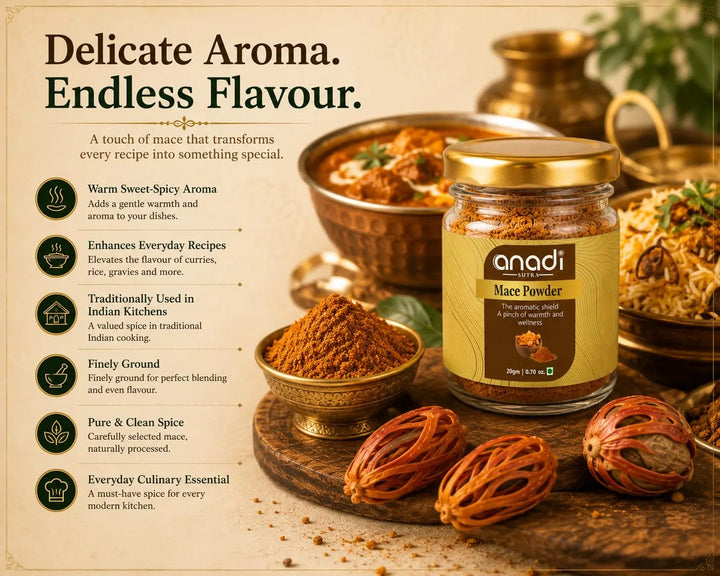 Mace powder jar with gold lid and scattered mace pods and spice