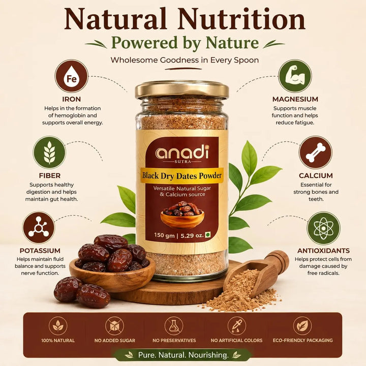 Anadi black date powder jar with nutrition-style label and date pieces on tray