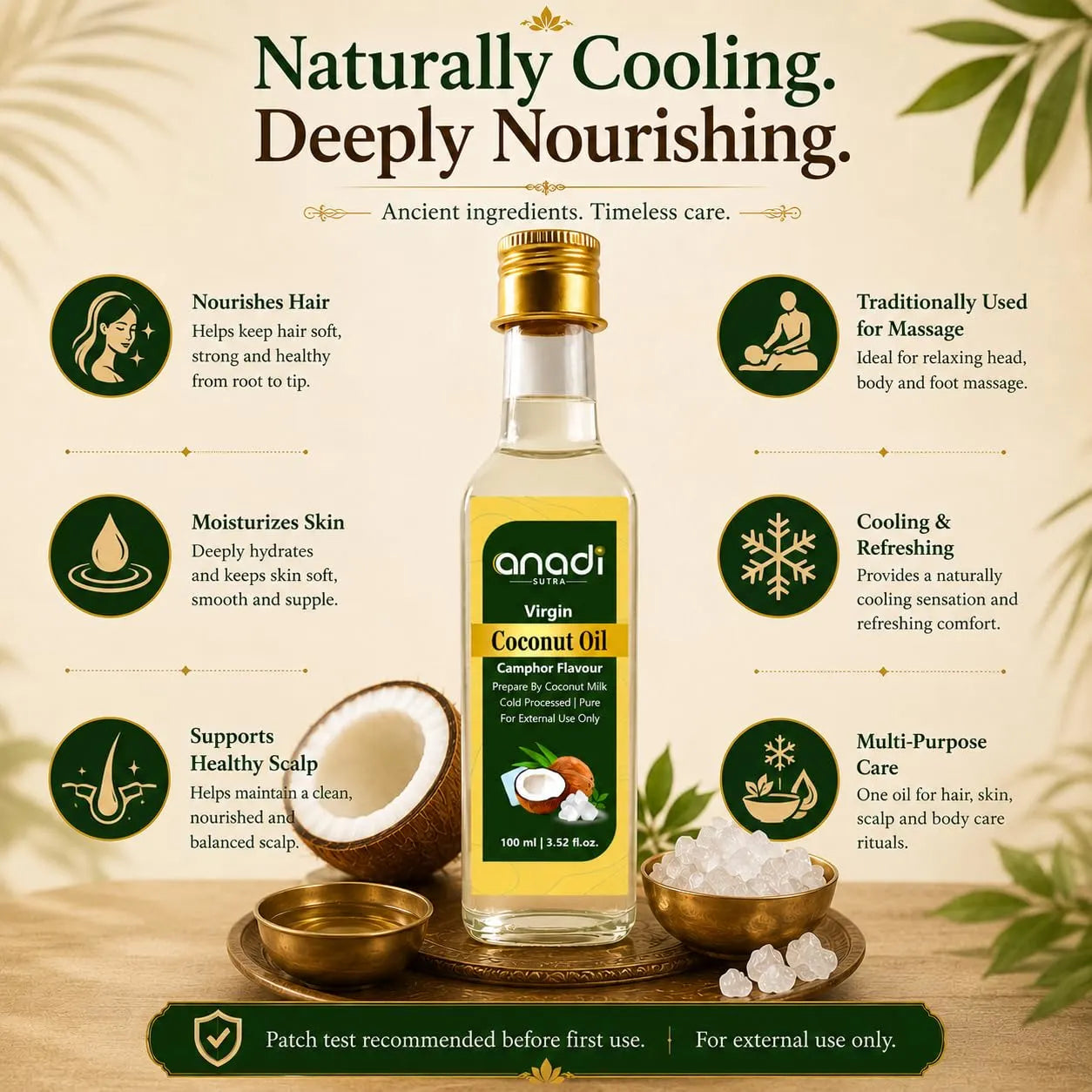 Virgin coconut camphor oil bottle with gold cap centered on a benefits poster