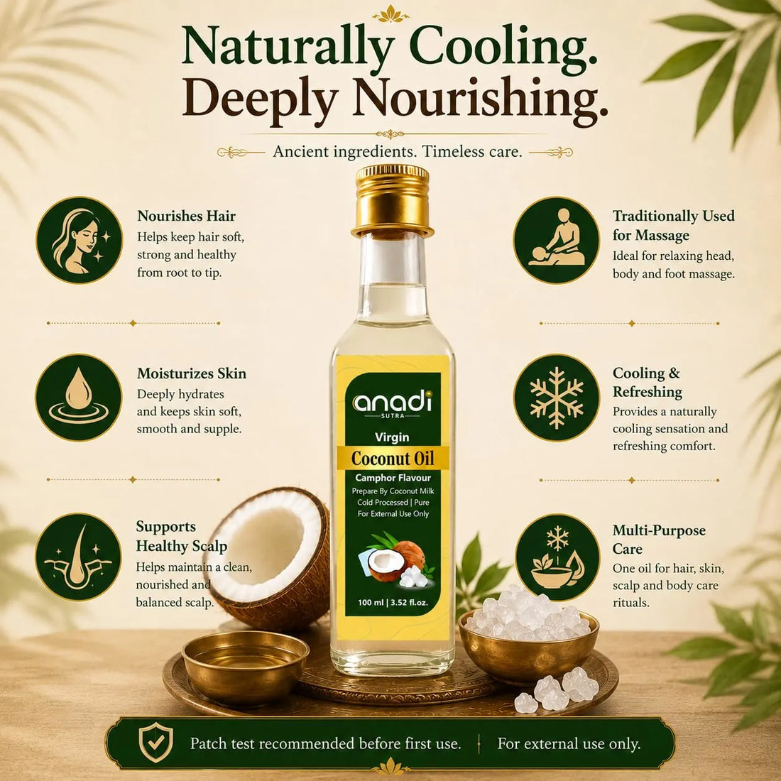 Virgin coconut camphor oil bottle with gold cap centered on a benefits poster