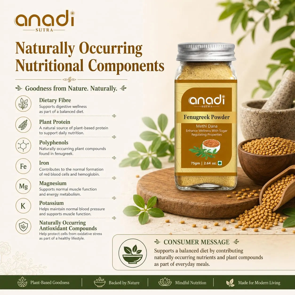 Fenugreek seeds powder jar with a pile of fenugreek seeds on a wooden slice