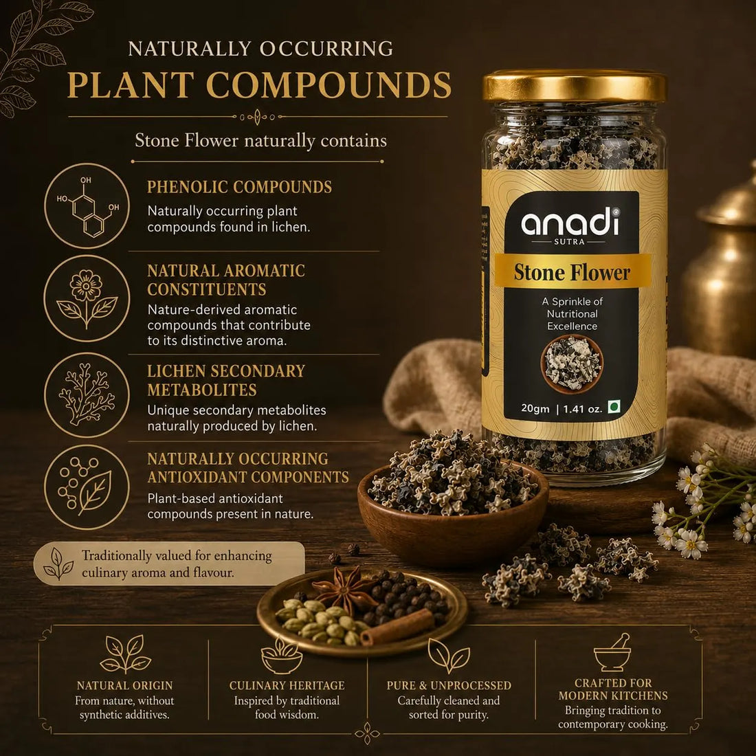 Stone Flower 20gm jar with dried lichen and surrounding botanicals on countertop display
