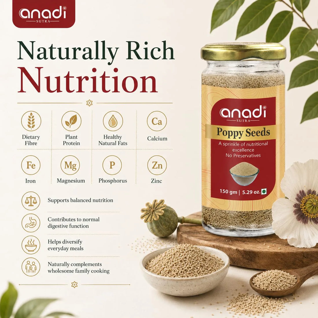 anadi Poppy Seeds glass jar with gold lid and bowls filled with seeds
