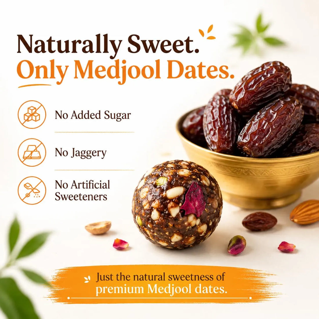 Assorted dry fruits ladoo balls with Medjool dates in a small bowl