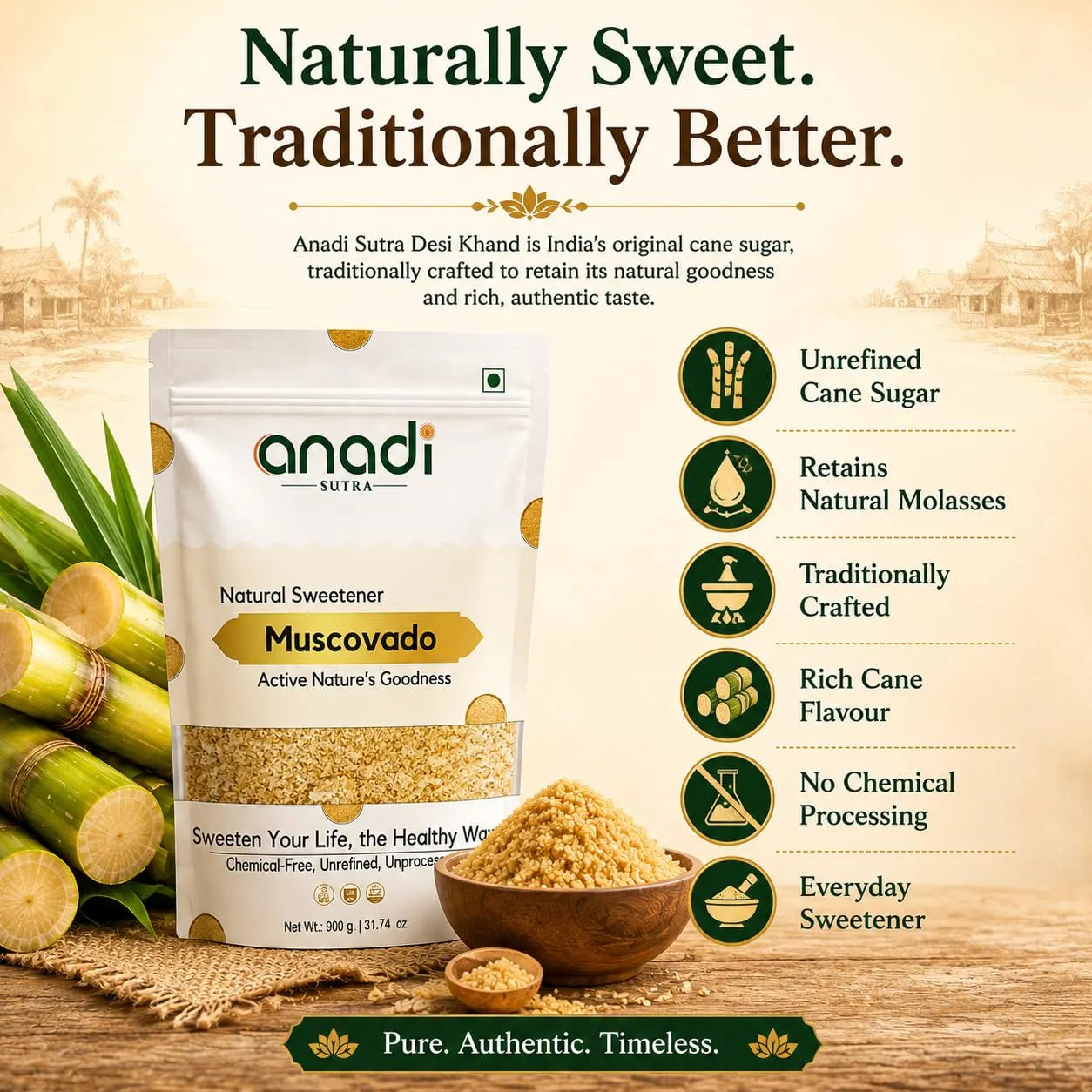 Anadi Sutra Natural Sweetener pouch with muscovado sugar pile and bowl