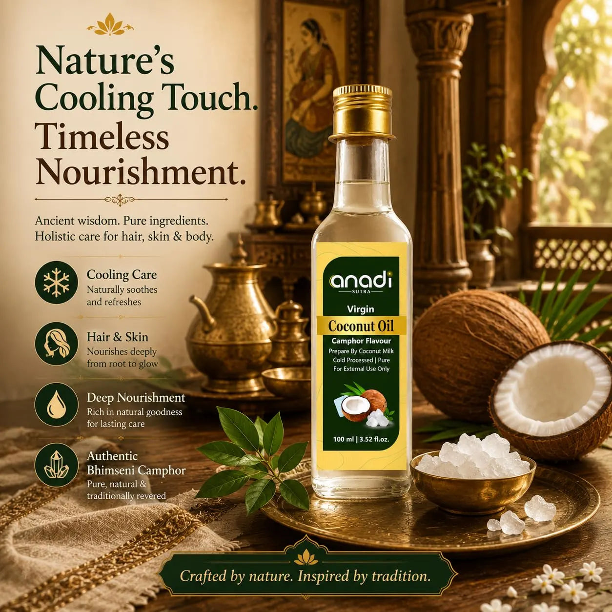 Virgin coconut camphor oil bottle with gold cap on a nature-themed product display