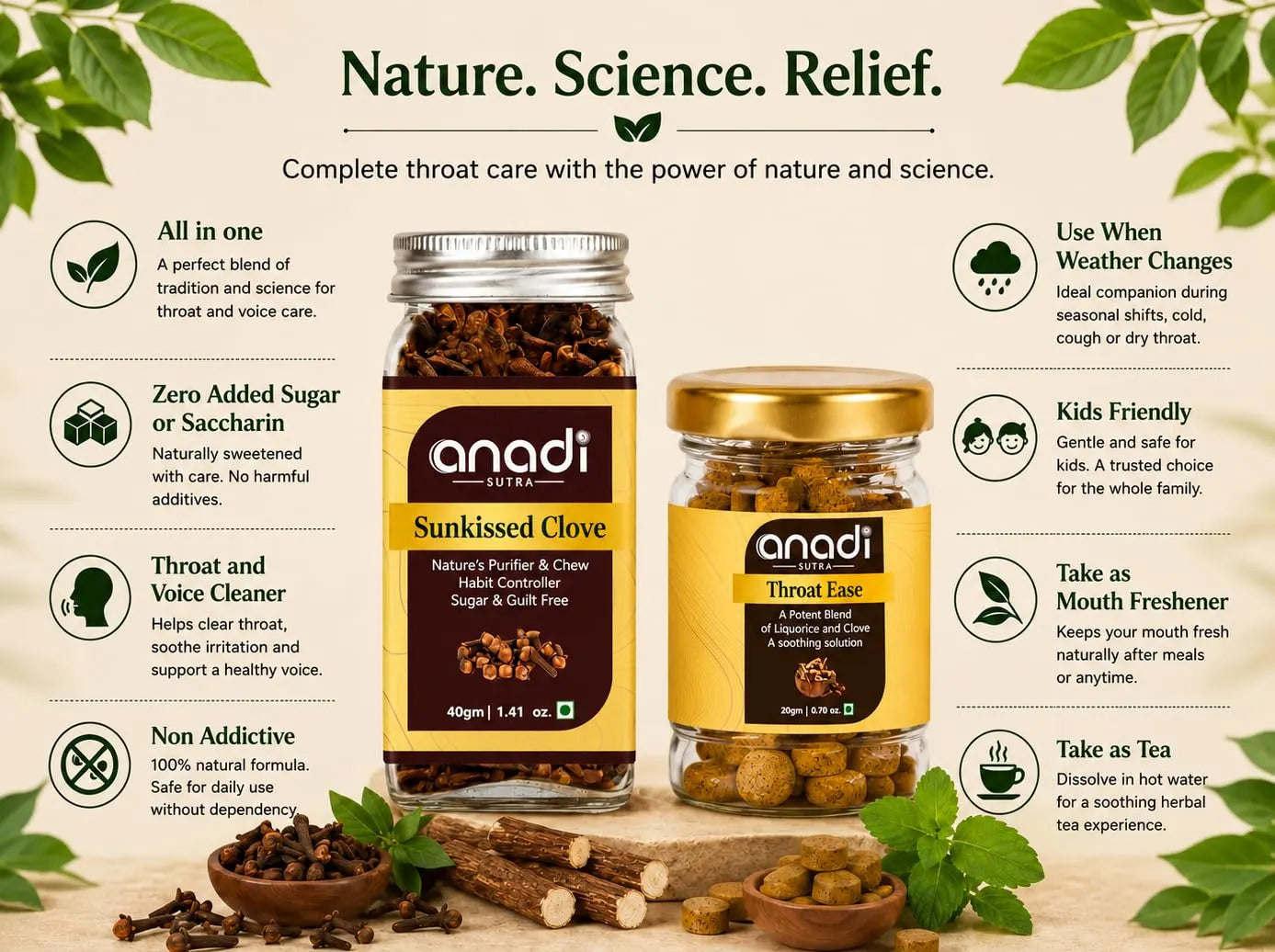 Herbal throat relief bottles and jar with gold lids, shown with ground spices around