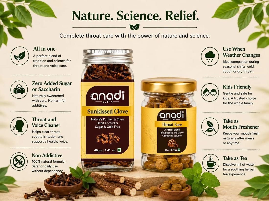Herbal throat relief bottles and jar with gold lids, shown with ground spices around