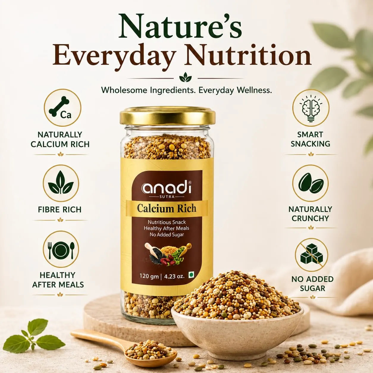 Anadi Sura Calcium Rich jar with gold lid and bowl of small golden grains