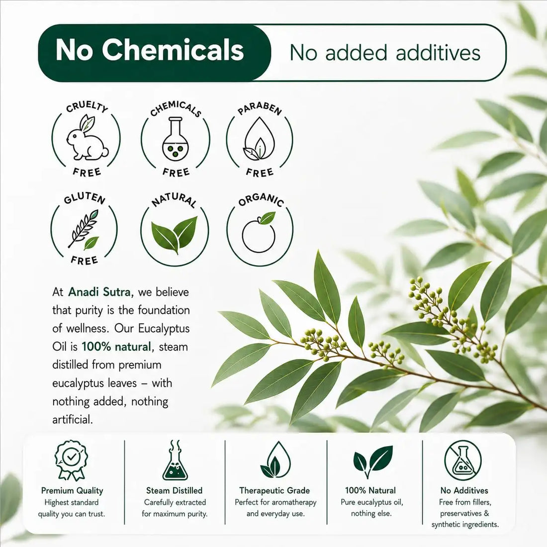 Eucalyptus oil bottle with anadi sutra label and no chemicals claim badge