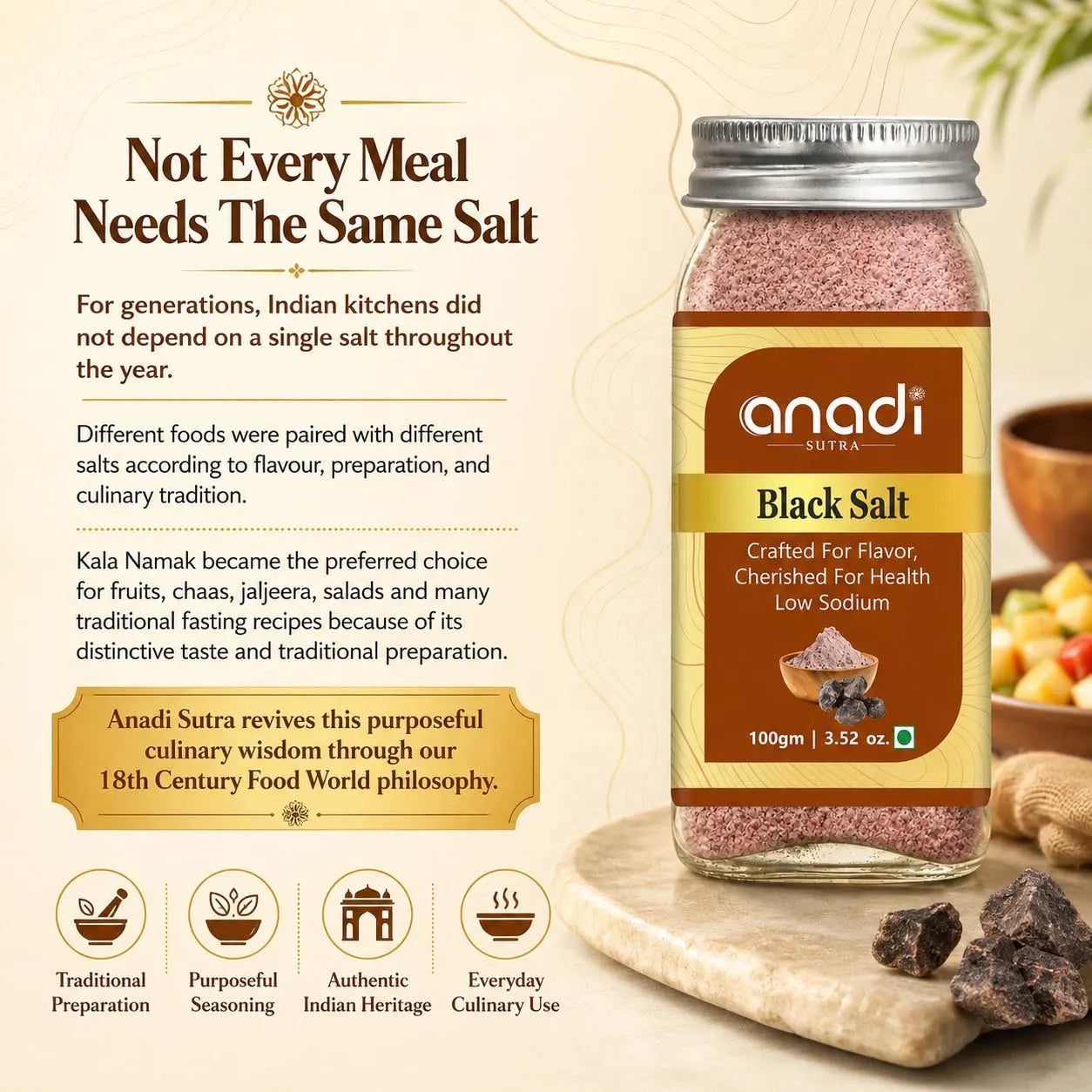 anadi SUTRA black salt jar, 100 g, front label visible with coarse pink salt inside