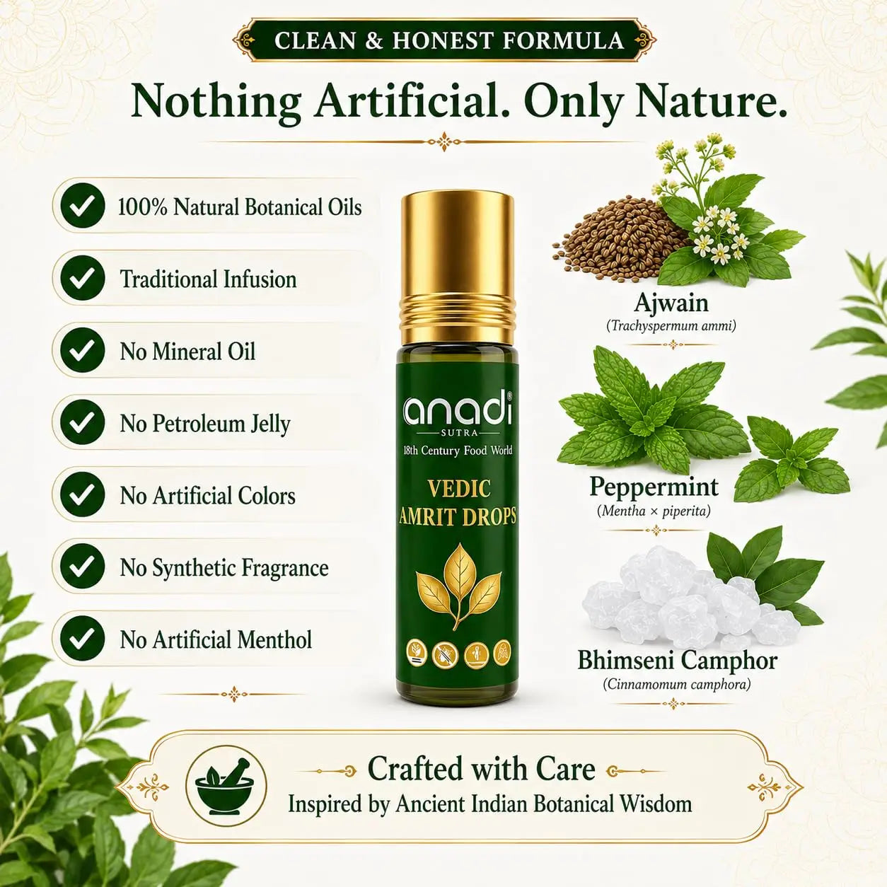 Vedic Amrit Drops roll-on bottle with gold cap on white label, green glass