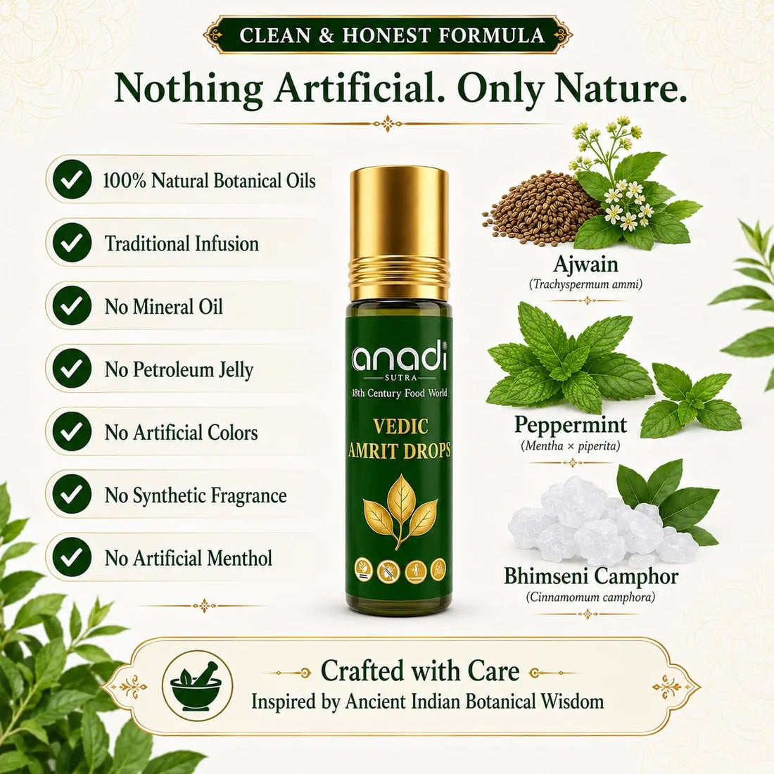 Vedic Amrit Drops roll-on bottle with gold cap on white label, green glass