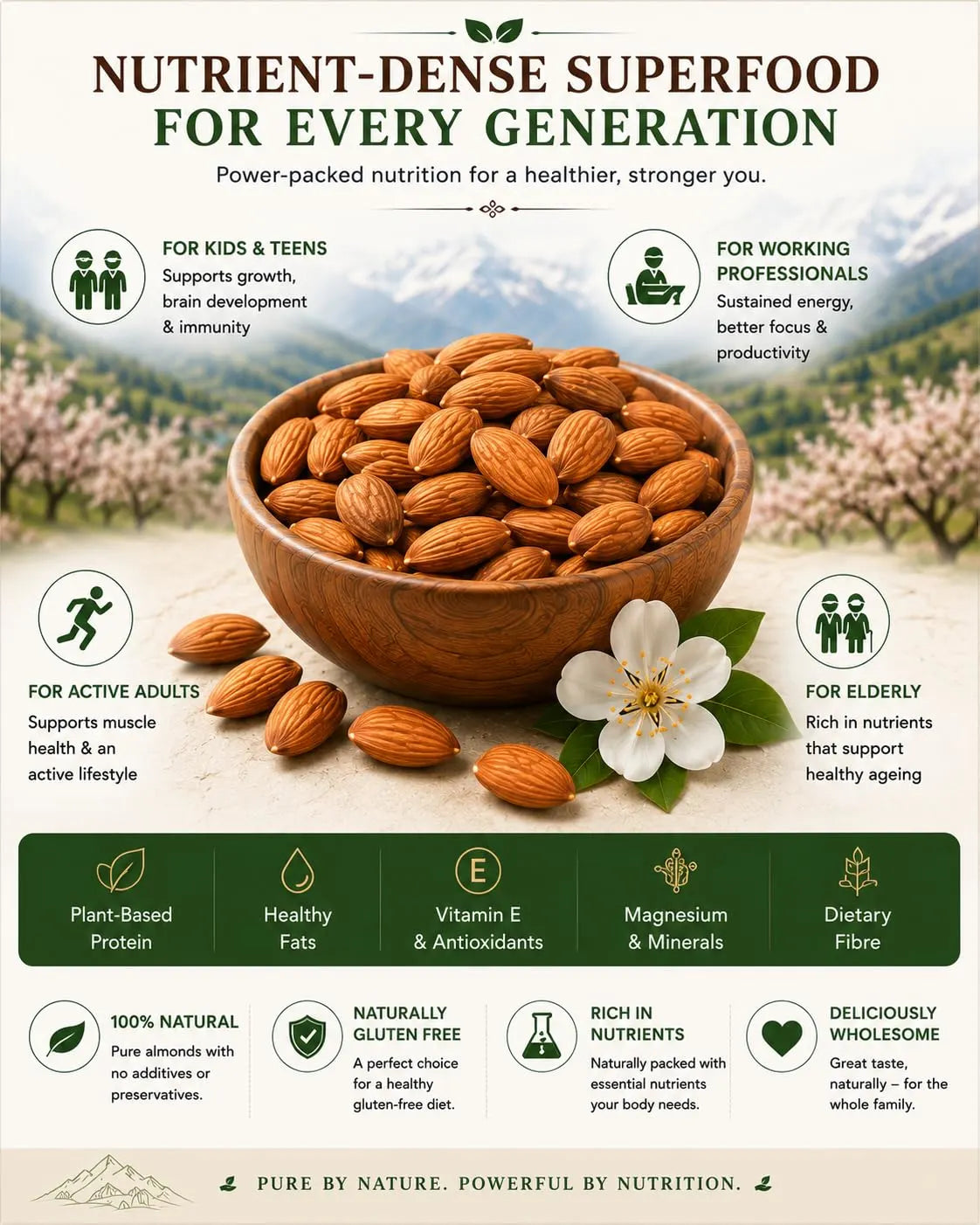 Kashmiri almonds superfood infographic with bowl of almonds and whole nuts