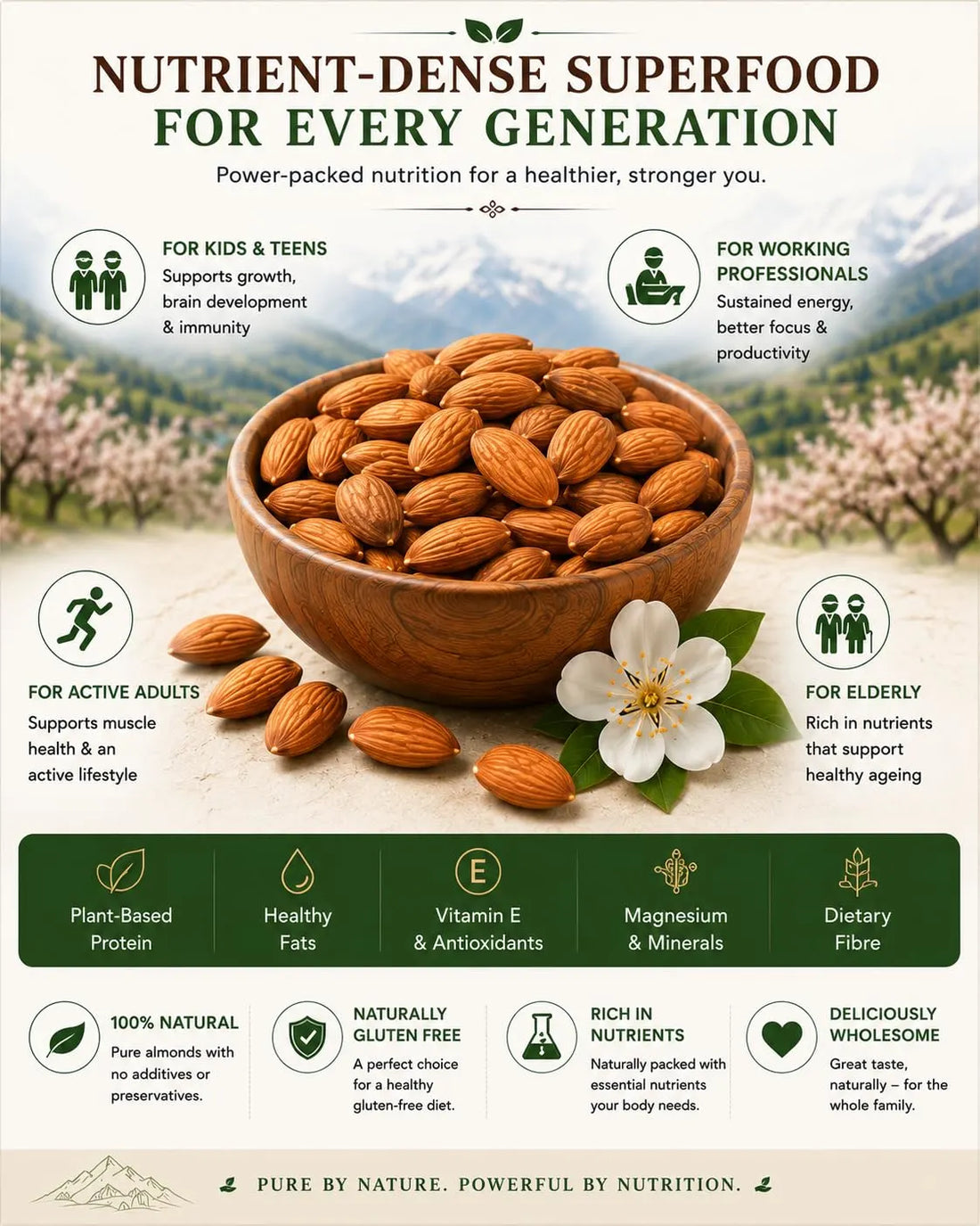 Kashmiri almonds superfood infographic with bowl of almonds and whole nuts