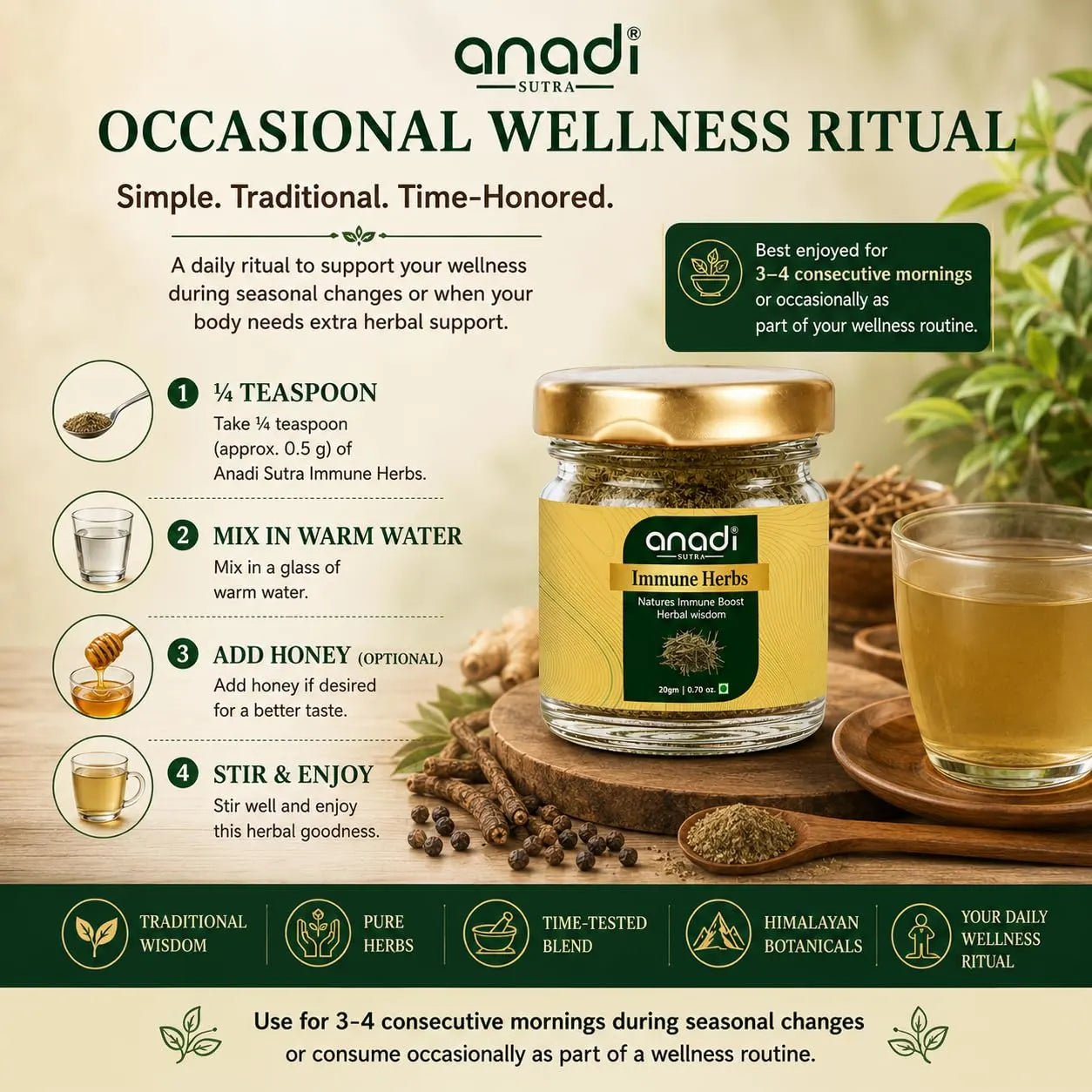 Immune herb jar by anadi with gold lid and green label, 20 g