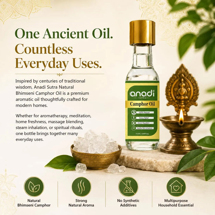 Camphor oil bottle with gold cap and green label next to brass lamp and white crystals