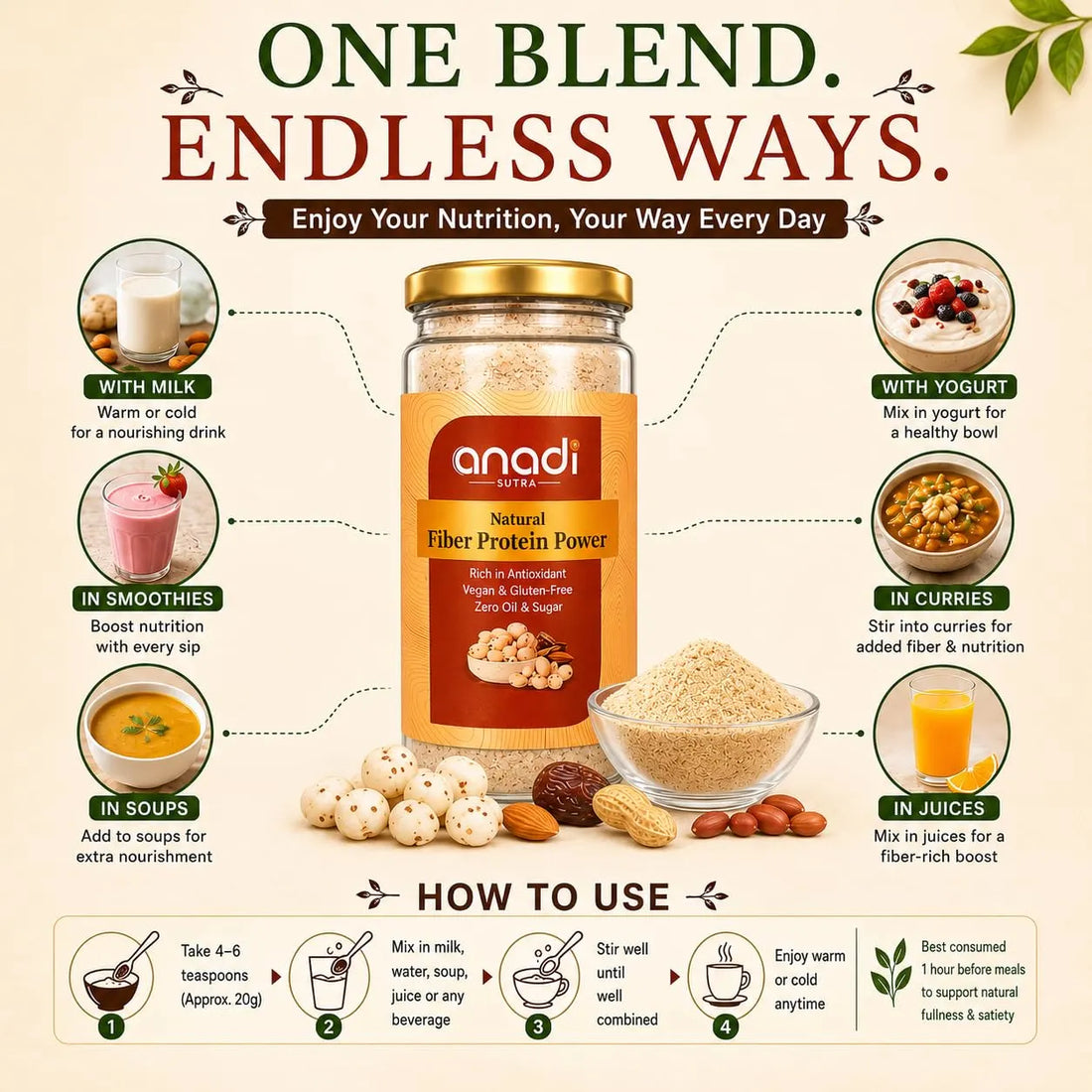 anadi Fiber Protein Power bottle with golden lid and light beige powder