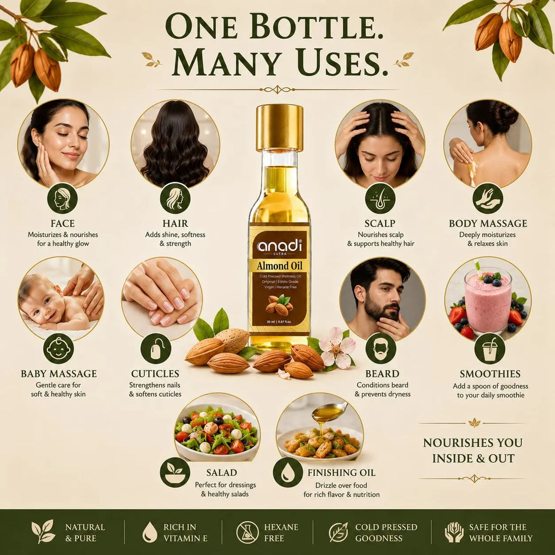 Small amber glass bottle of almond oil with gold cap and almond illustrations