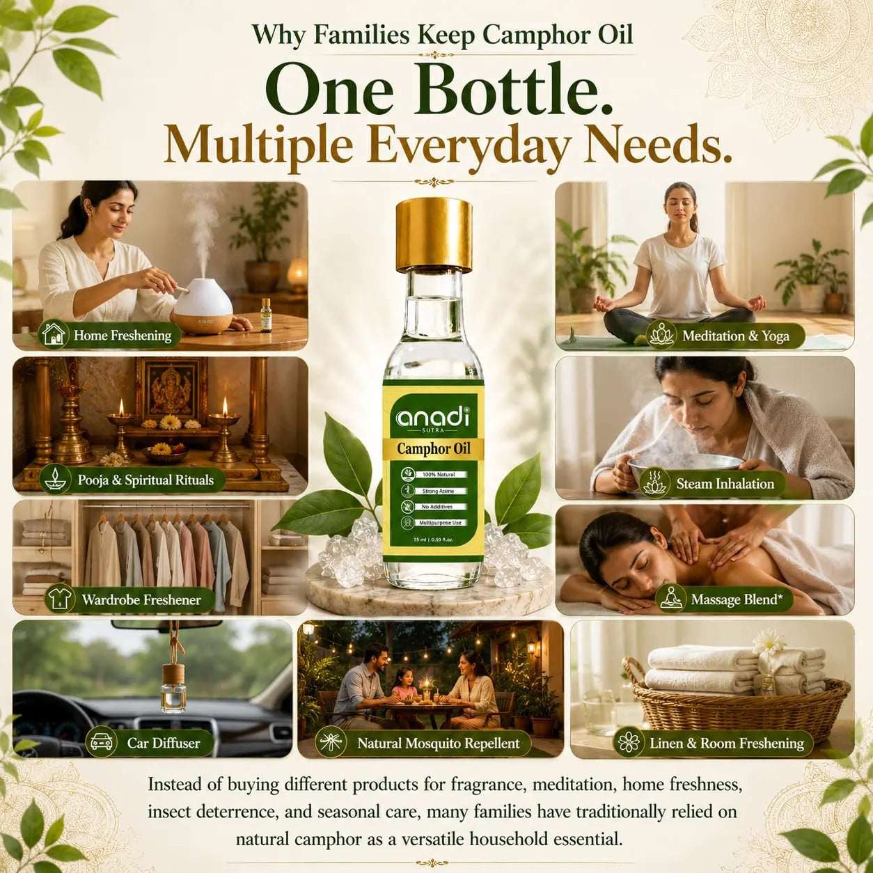 Camphor oil bottle centered with gold cap and green label, with scattered white crystals