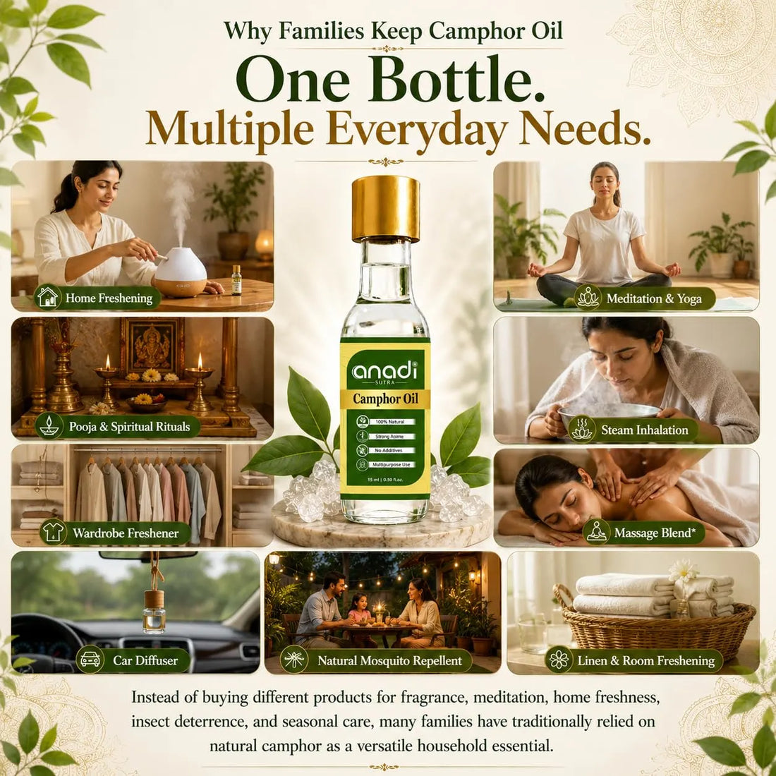 Camphor oil bottle centered with gold cap and green label, with scattered white crystals