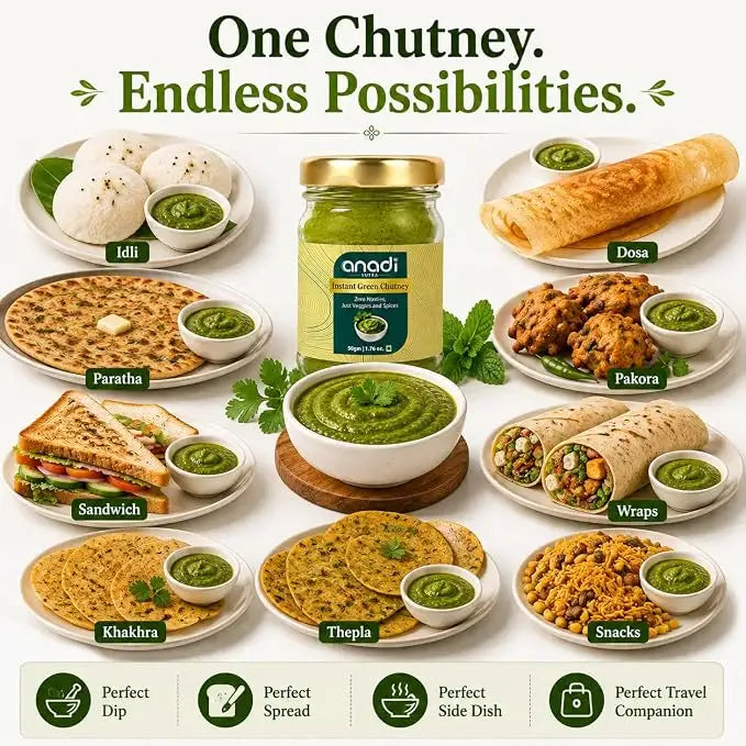 Jar of instant green chutney with small bowls of chutney and assorted Indian dishes