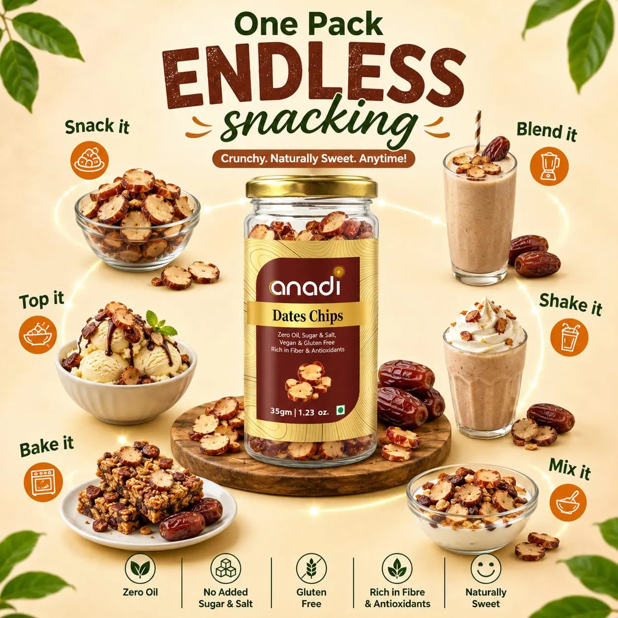 Dates chips jar with gold lid, anadi label, and visible freeze-dried date pieces