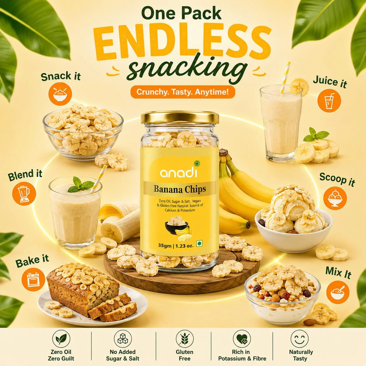 Banana chips jar with gold cap at center, with bowls of chips and banana snacks