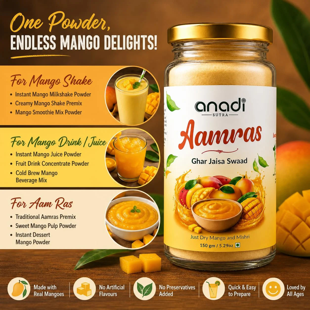 Mango fruit pulp jar with gold lid, mango shake and drink serving cups