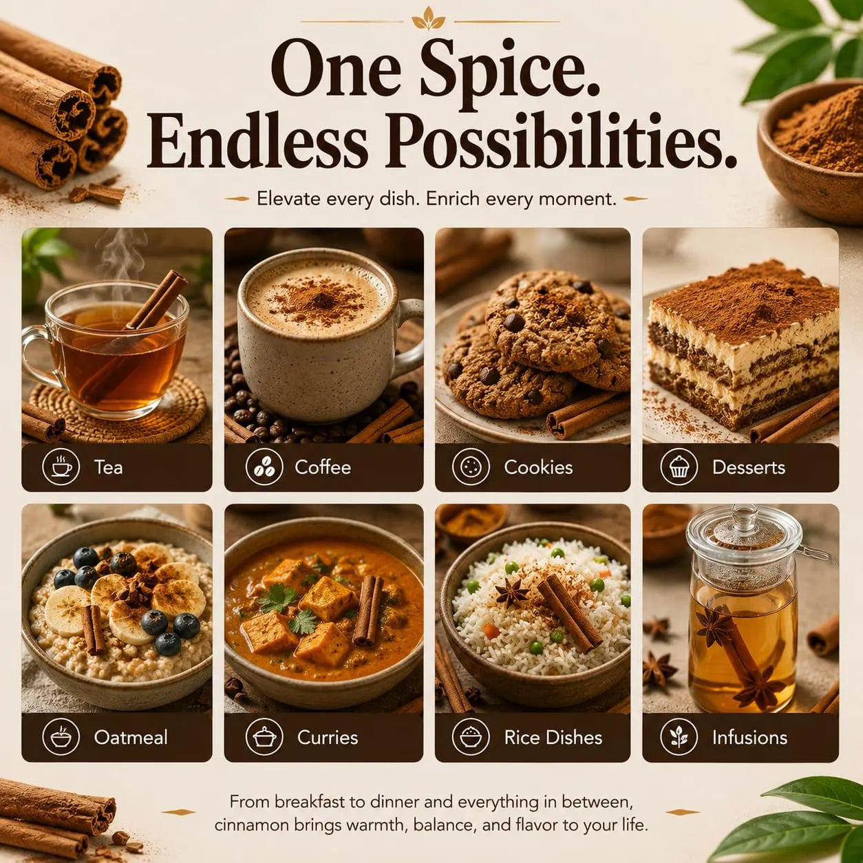 Cinnamon sticks on a wooden board with small bowls of ground cinnamon