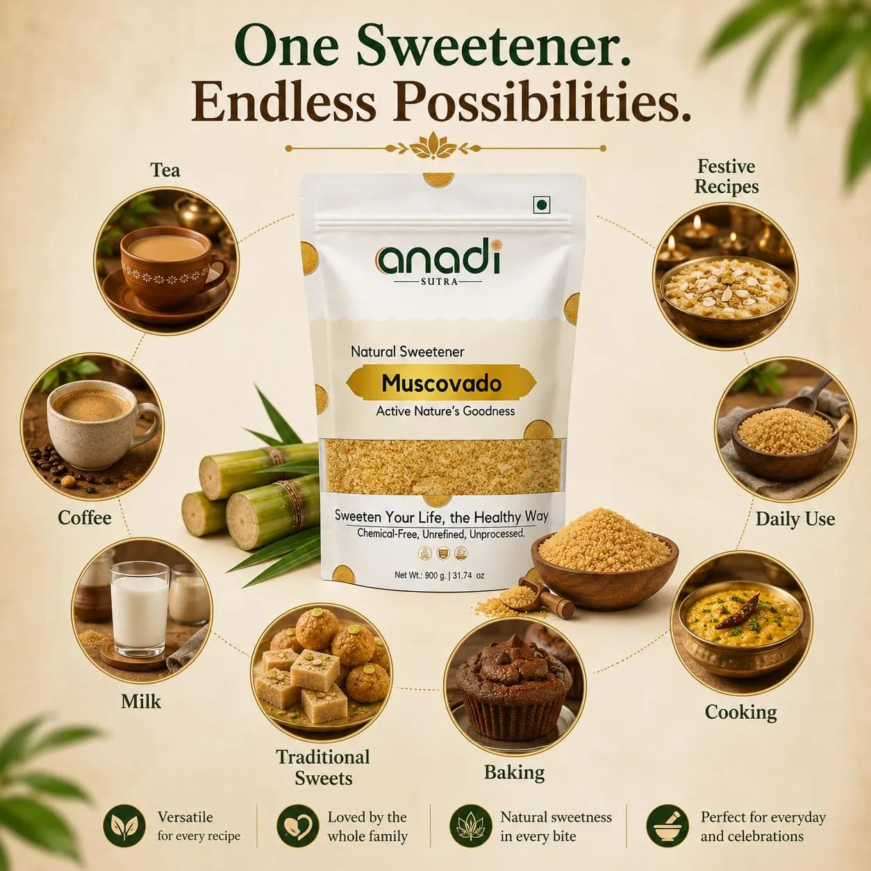Natural sweetener pouch centered with sugar granules and circular recipe use icons