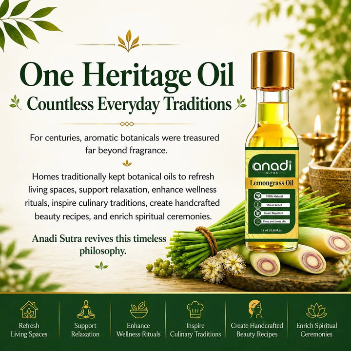 Amber glass lemongrass oil bottle with gold cap, green label, and sliced lemongrass pieces