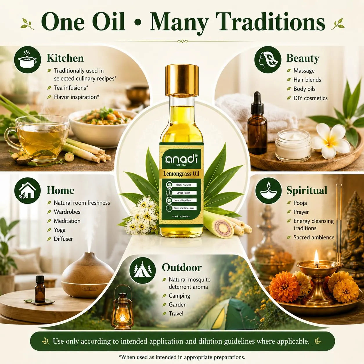 Lemongrass oil bottle with gold cap centered among herbs, flowers, and small dropper bottles