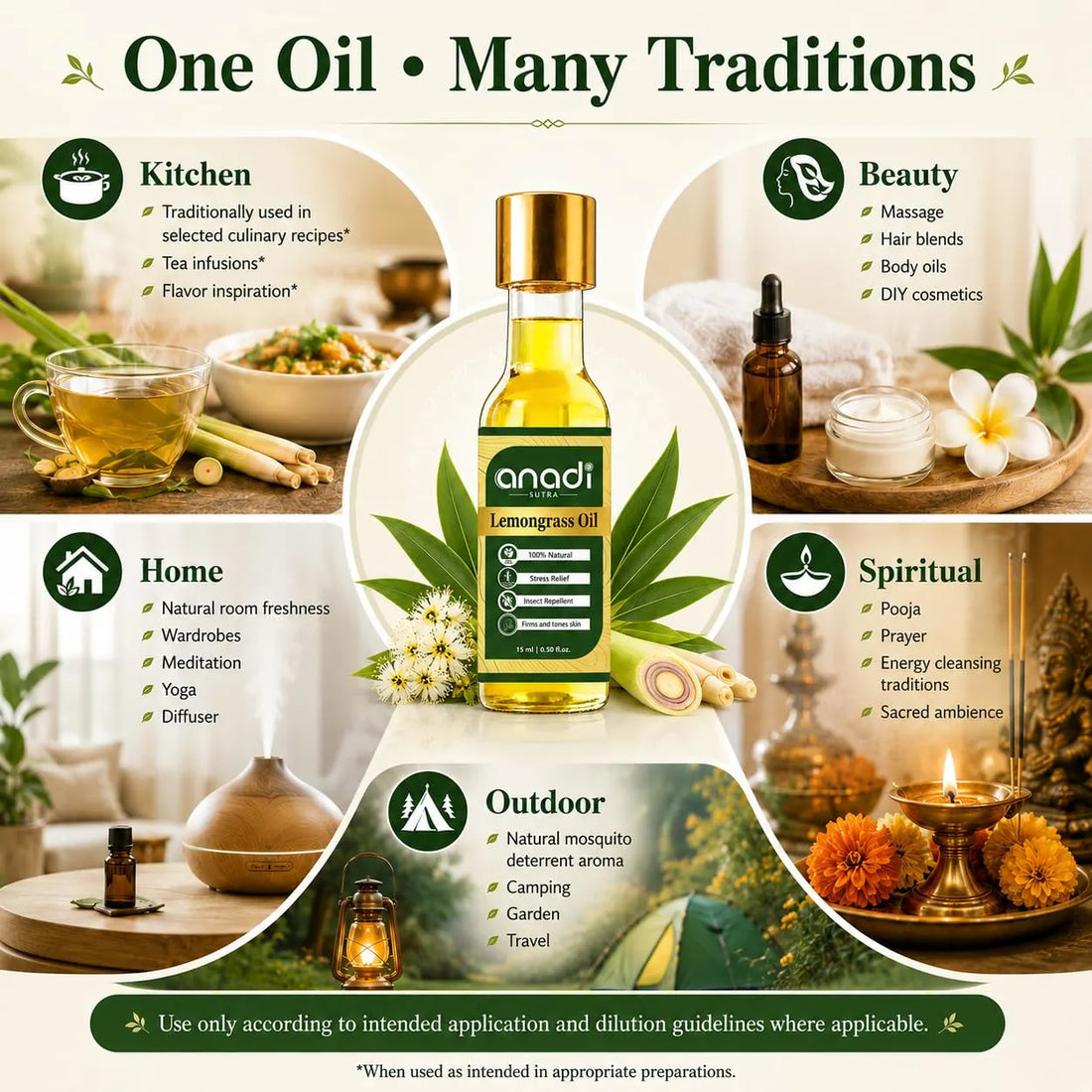 Lemongrass oil bottle with gold cap centered among herbs, flowers, and small dropper bottles