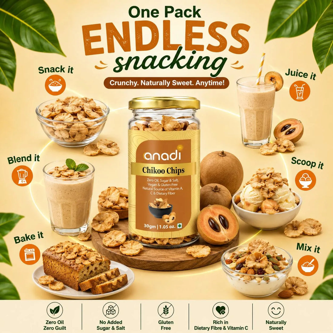 anadi Sutra Chikoo Chips jar, 30 g, with snack bowls and chips pieces
