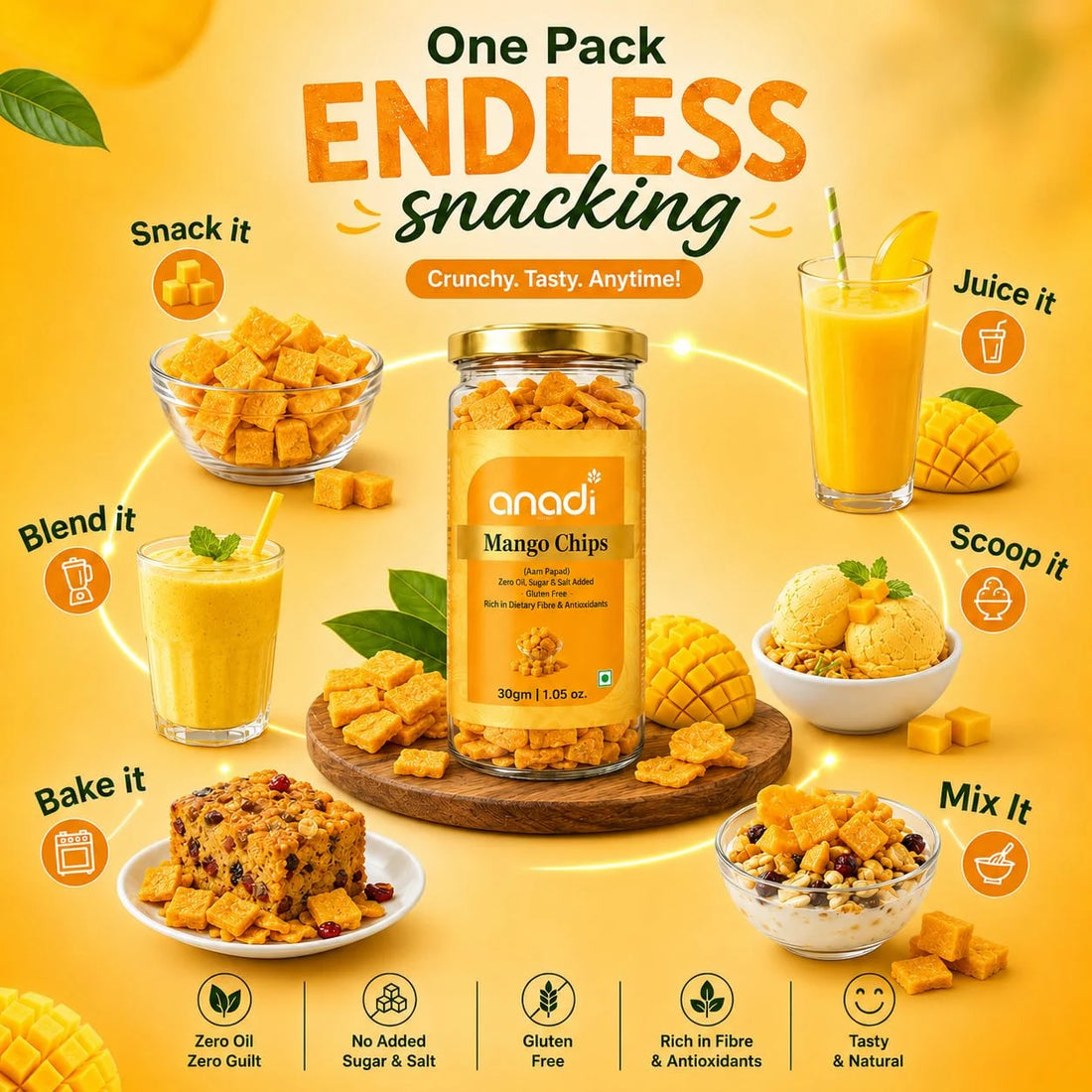 anadi mango chips jar with mango bites and snack bowls, 30 g