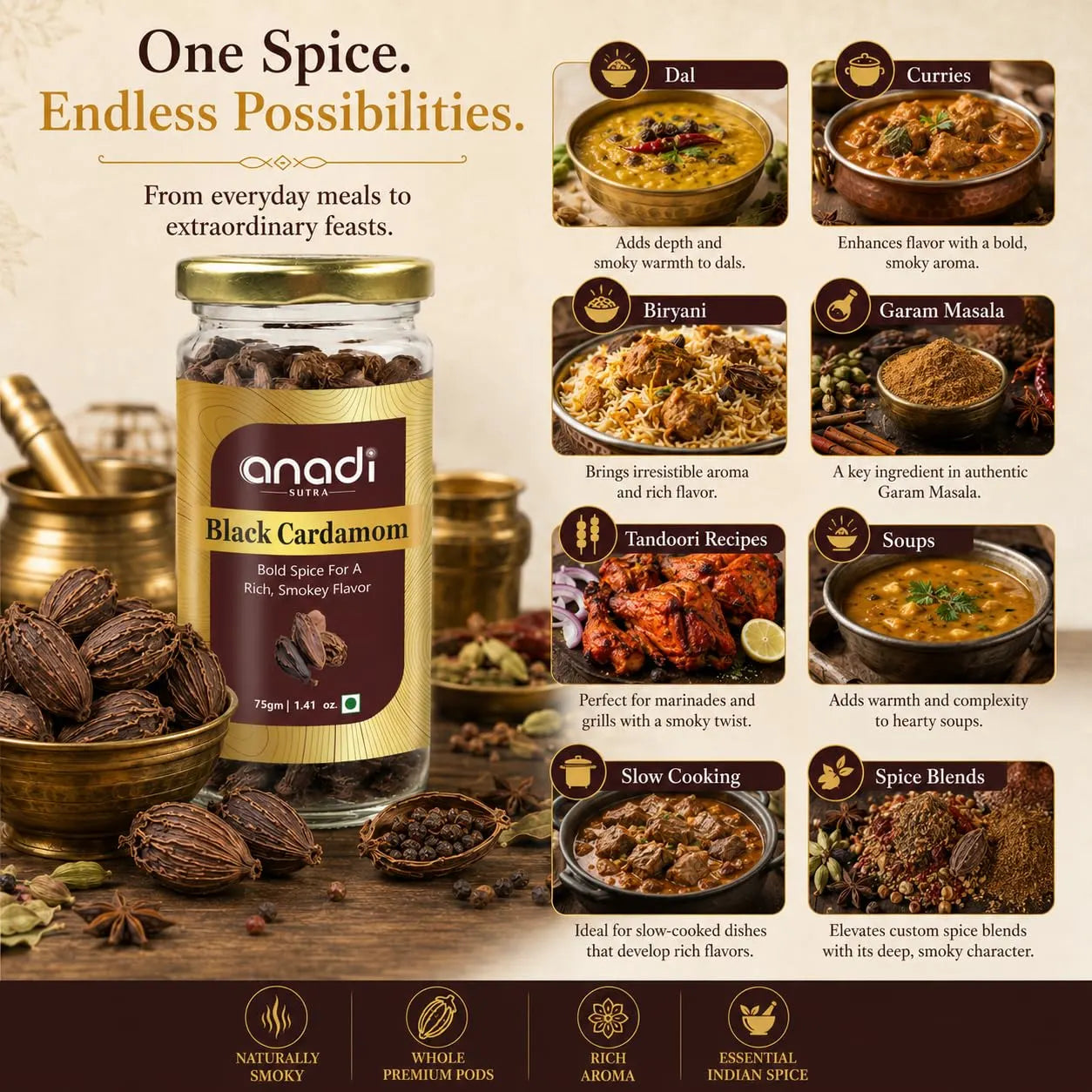 Anadi SUTRA black cardamom jar with whole pods, 75 g, front label shown