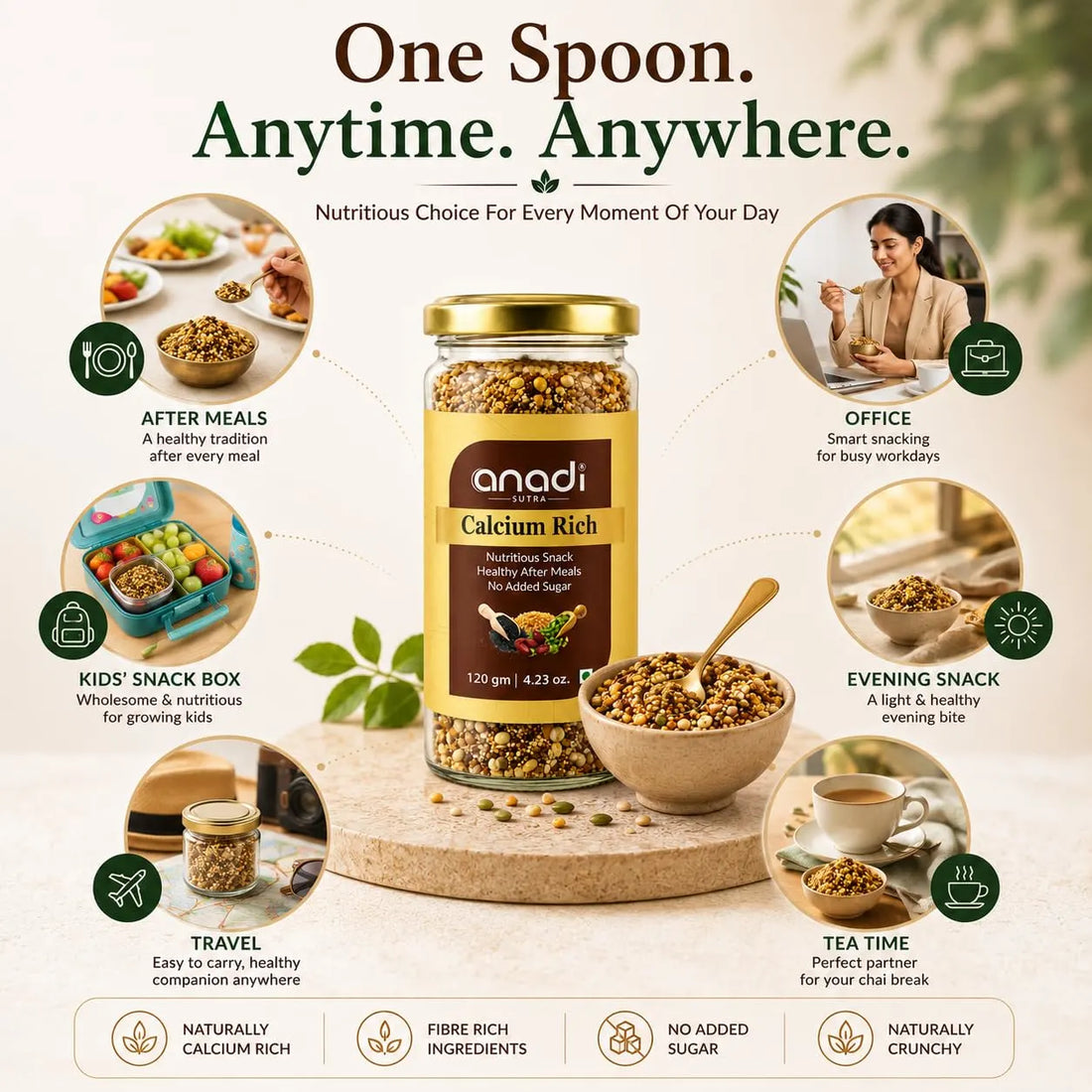 Anadi Sura Calcium Rich jar with gold lid and serving bowl of grains in foreground