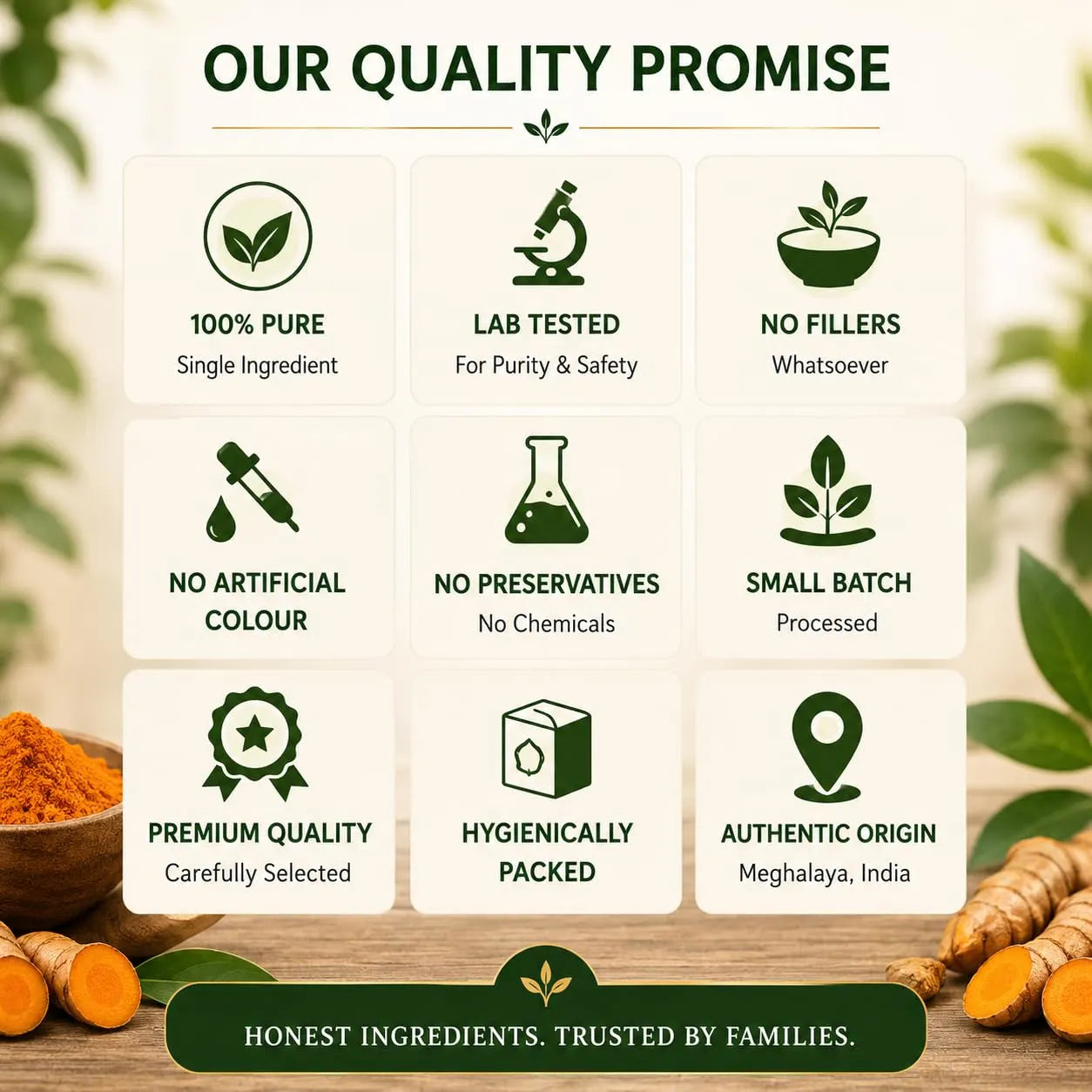 Turmeric powder jar with quality promise icons and small piles of ground turmeric