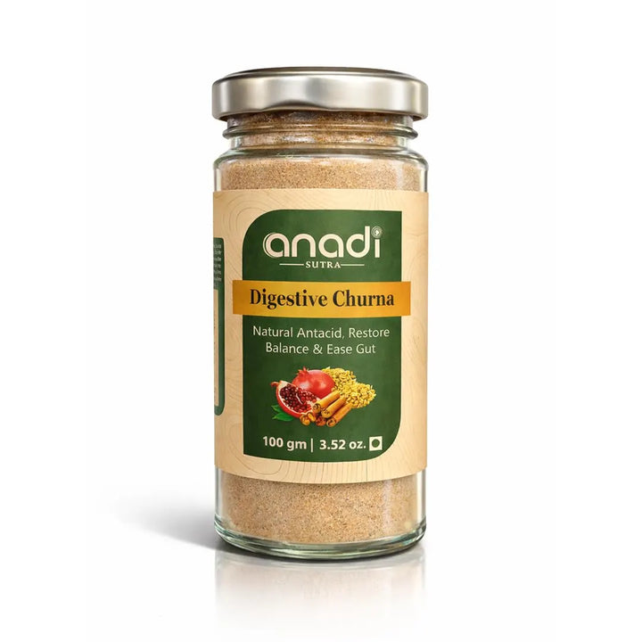 anadi sutra digestive churna jar with green label, glass spice container, metal lid