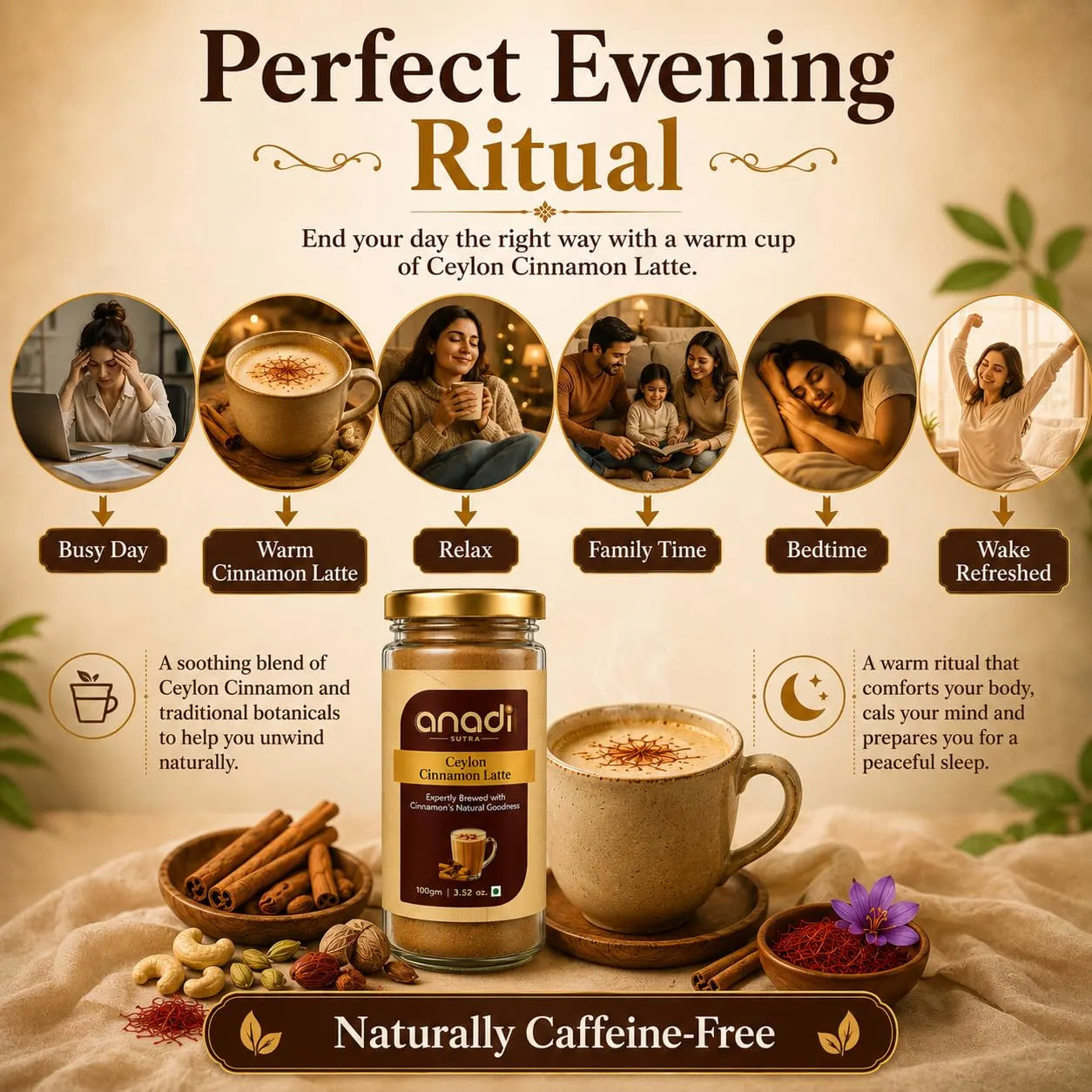 Ceylon cinnamon latte jar with warm cup, cinnamon sticks, and a naturally caffeine-free banner