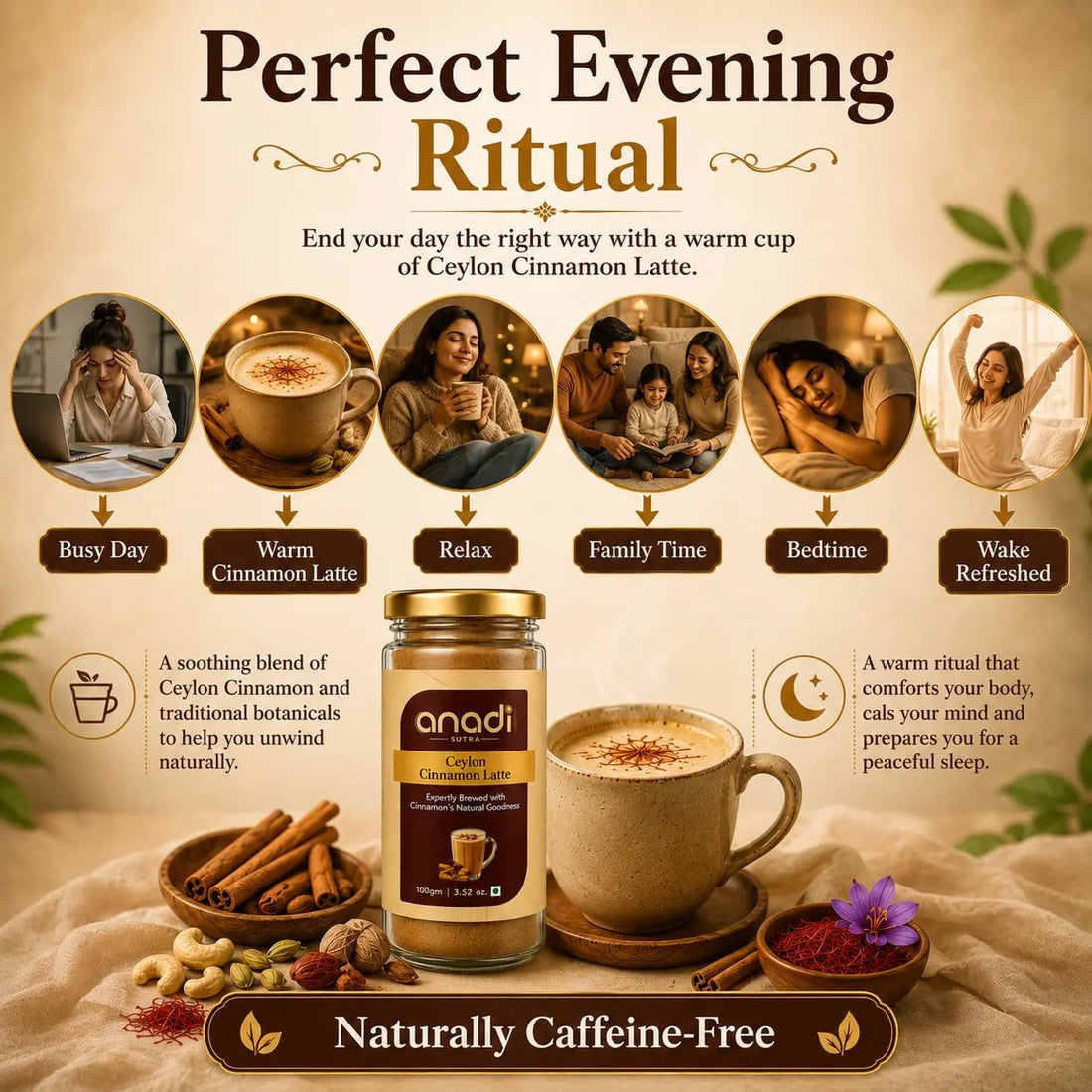Ceylon cinnamon latte jar with warm cup, cinnamon sticks, and a naturally caffeine-free banner