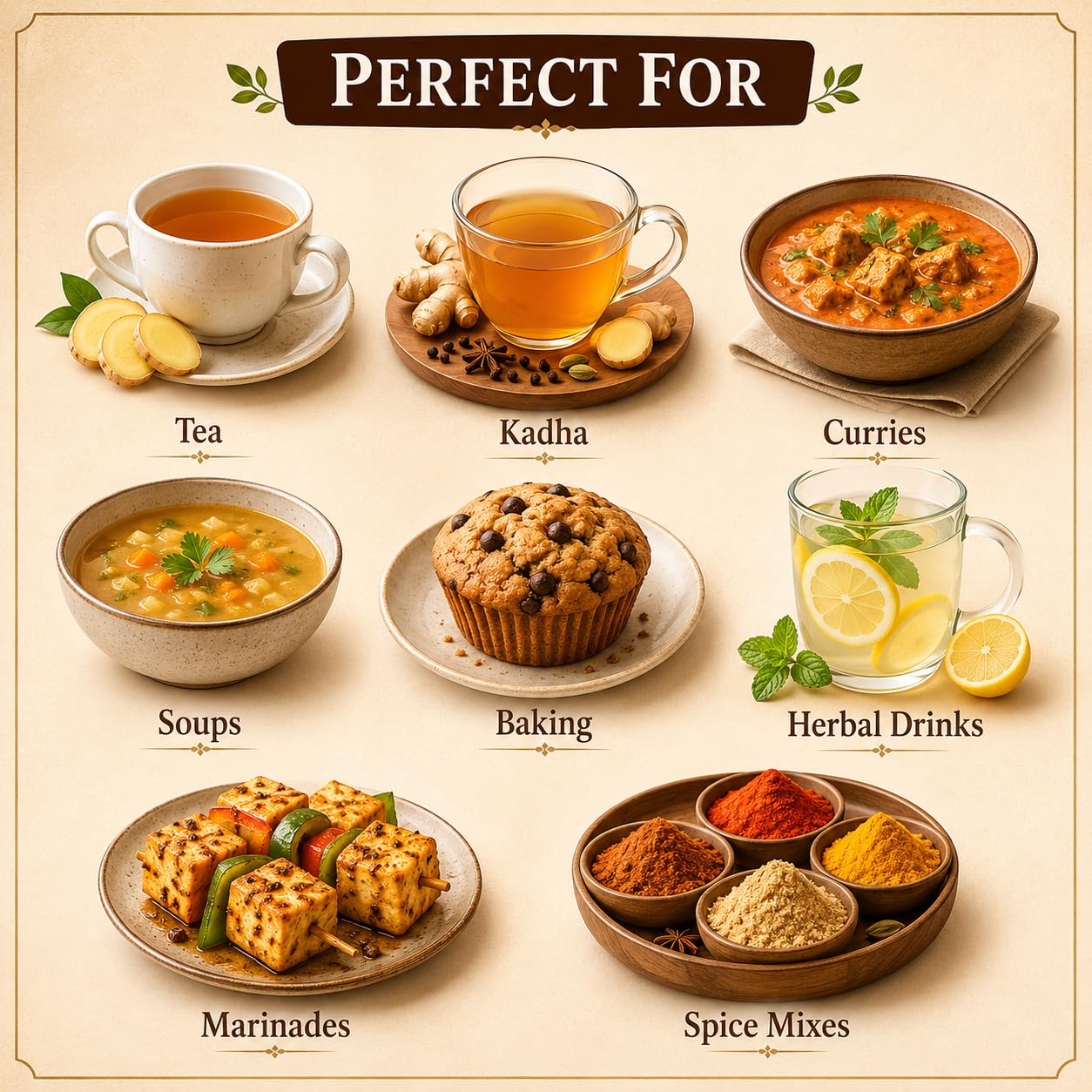 Ginger powder used with tea, kadhai, curries, soups, baking, and spice mixes