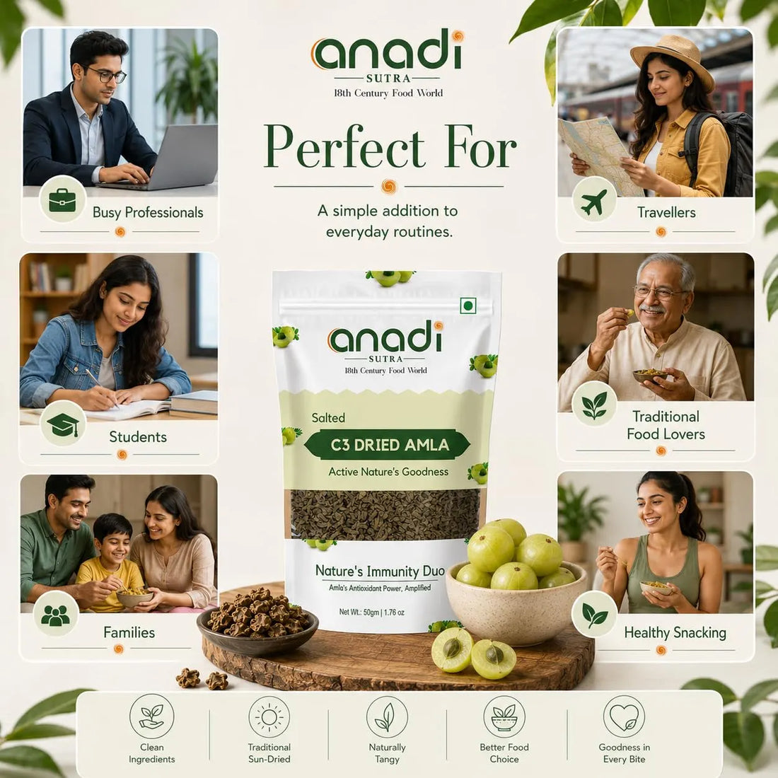 Salted amla pouch with fruit bowl and lifestyle icons for everyday snacking