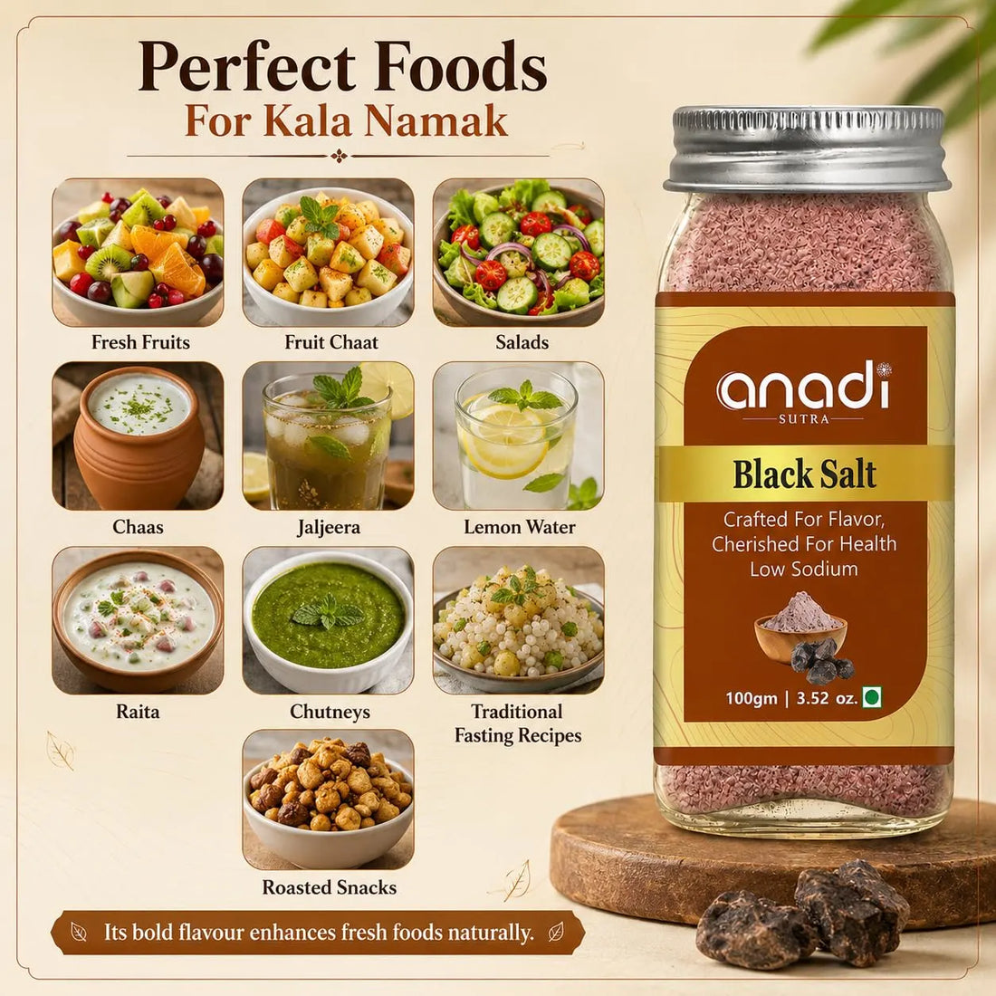anadi SUTRA black salt jar, 100 g, sealed lid and coarse pink salt grains in glass